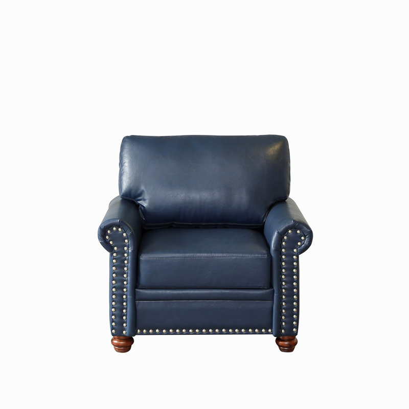 Fauteuil de salon simple avec pieds en bois et similicuir bleu marine, Marine