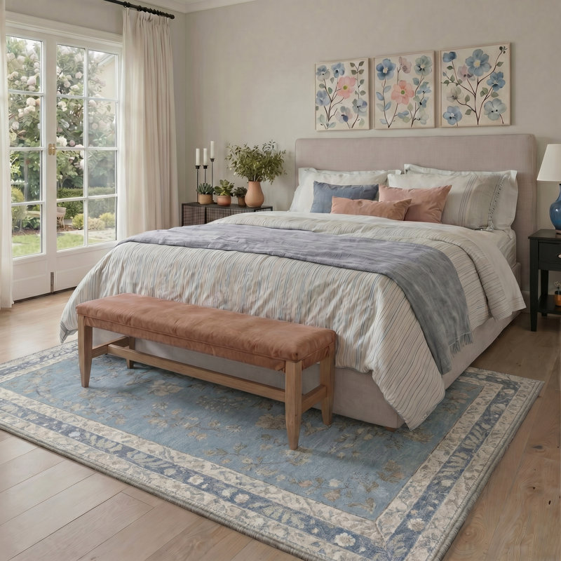 Verdant Floral Blue Mist / Beige Indoor Area Rug,Machine Washable, With Non-Slip Backing, Round 5'