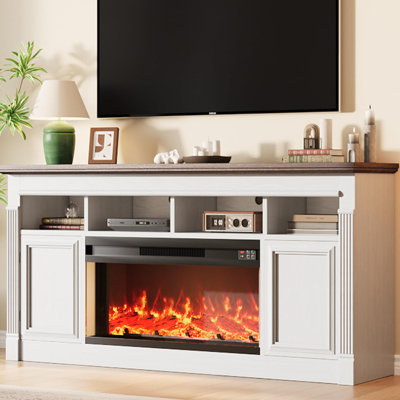 Meuble télé avec foyer électrique Farmhouse - meuble télé avec foyer 36 po - tablettes et armoires de rangement ouvertes - pour téléviseur de 75 po ou moins - blanc et brun (2 colis)
