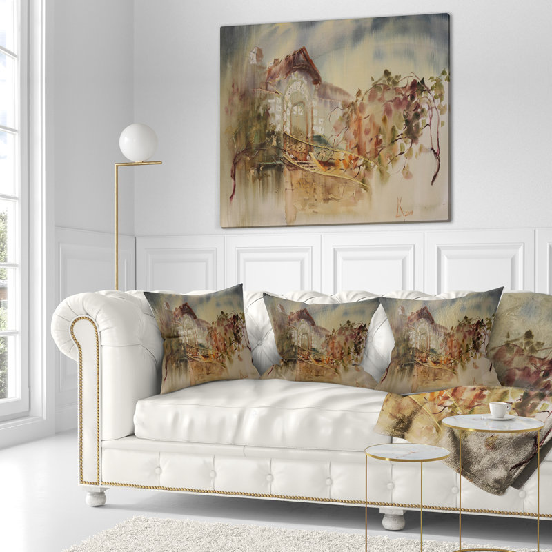 Abstrait aquarelle de bâtiment ancien - paysage imprimé, 18 po x 18 po, Coussin décoratif