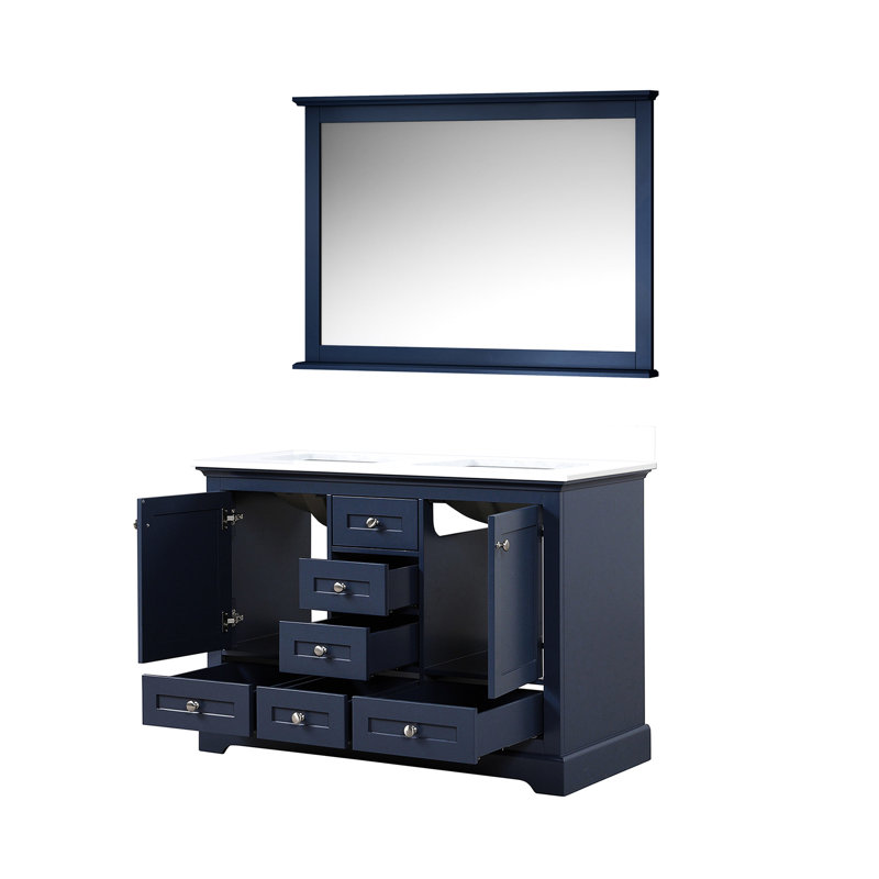 Bleu marine 48 po W Double meuble-lavabo avec surface en quartz blanc, miroir 46 po, système de tiroirs à fermeture douce, et grande capacité de rangement bleu, l, meuble-lavabo, plateau, solution