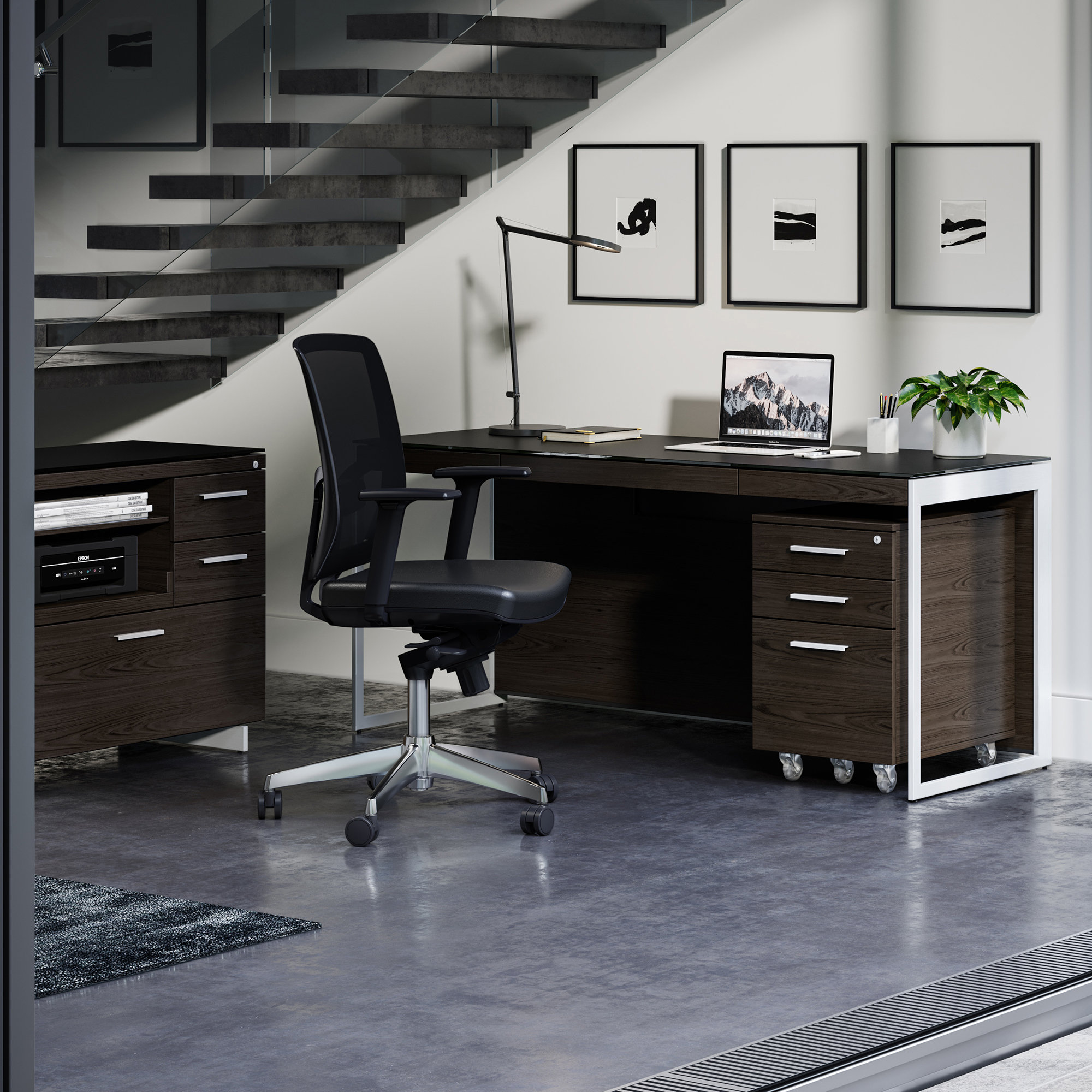 Sequel 20 Writing Desk, Charcoal Stained Ash/Satin Nickel, 24.75" H x 66" W x 24" D