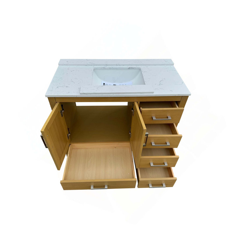 Meuble-lavabo avec lavabo et trou de robinet, armoire avec 2 portes et 5 tiroirs, 42", Chêne