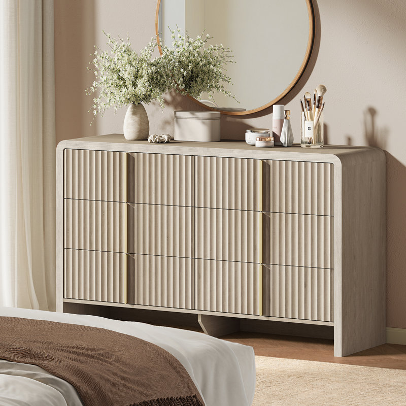 Commode cannelée moderne à 6 tiroirs avec poignées en métal, armoire à vêtements et rangement pour chambre à coucher