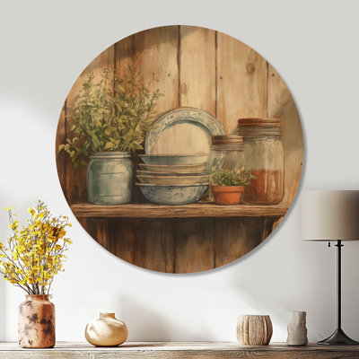 Farmhouse Kitchen Shelf Still Life I - Rustic Round Wooden Wall Art