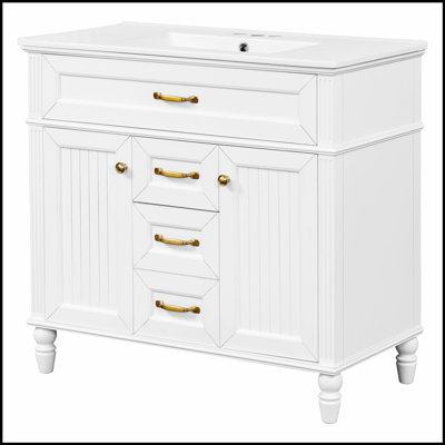 Meuble-lavabo de 36 po avec lavabo, armoire autoportante blanche, lavabo en céramique, panneau de fibres à densité moyenne et bois massif, tiroir supérieur rabattable, portes à fermeture en douceur, 2 tiroirs de rangement, poignées dorées
