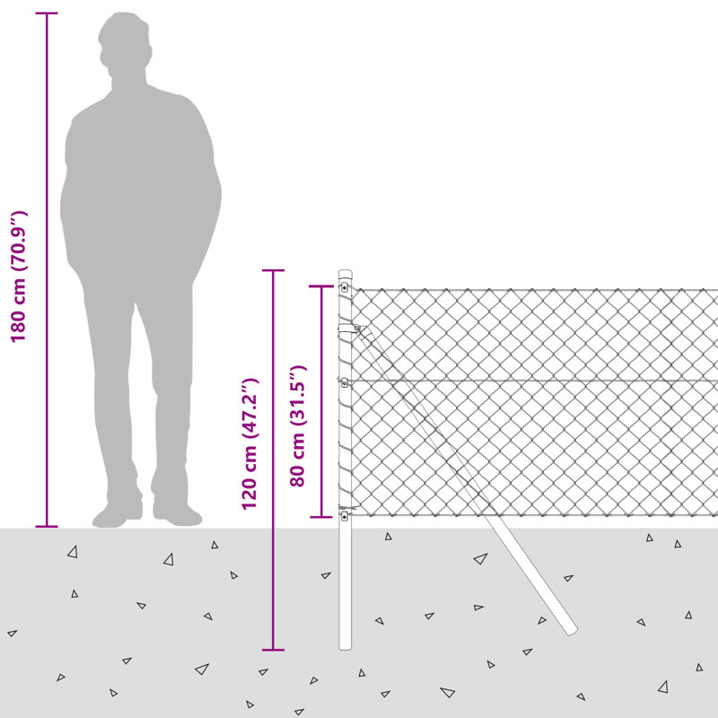 Chain Link Fence With 7 Flanged Posts Galvanised Steel, 80cm H x 2500cm W, Green