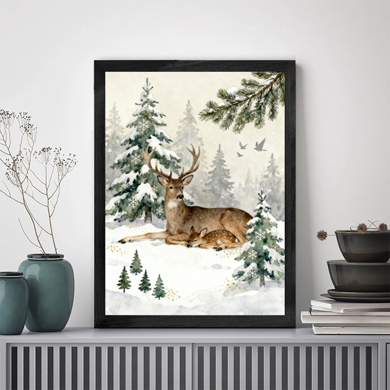 Aquarelle noire encadrée de cerf dans une forêt enneigée, impression sur toile de style rétro, H 11 po x l 9 po