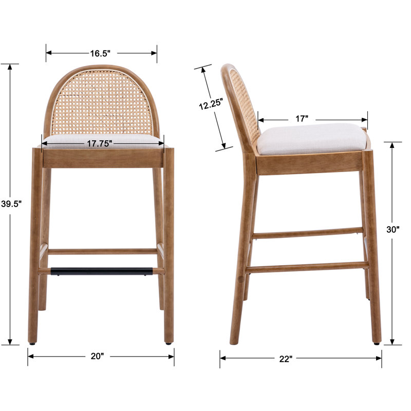 Beige 30-Inch Wood Bar Stools with Rattan Backrest, Set of 2