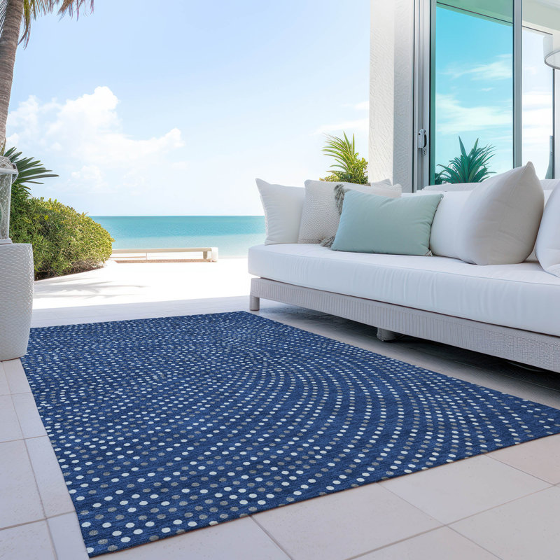 Navy and White Synthetic Flat Woven Washable Rug
