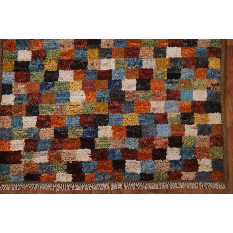 Tapis bleu / brun / vert en laine noué à la main de conception unique 3 pi 11 po x 6 pi New Age