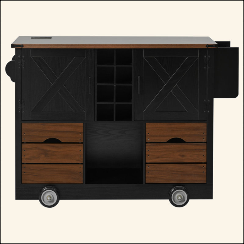 54" Farmhouse Kitchen Island With Drop Leaf, Power Outlet, Kitchen Storage Cart With 2 Doors, 2 Drawers, Rolling Kitchen Island On 4 Large Wheels With Spice Rack For Kitchen, Dining Room