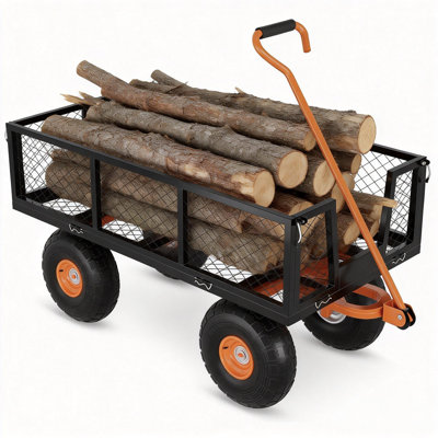 Heavy Duty Steel Garden Cart Utility Wagon – 900 lb Load Capacity – Mesh Metal Yard Cart, Removable Sides, Flexible Handle, 10" Tires for Lawn, Garden, Outdoor – Black & Orange | 900 lb load capacity