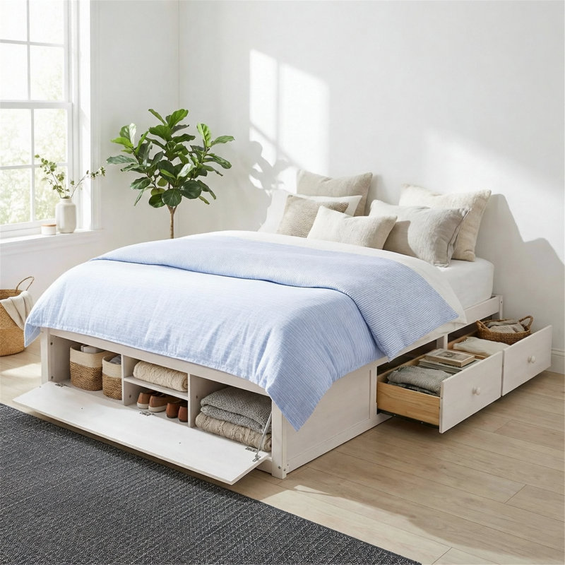 Platform Bed Frame With 4 Storage Drawers And Footboard Storage, White