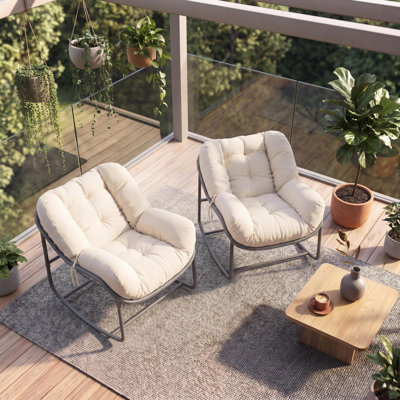 Cozy EggShaped Papasan Rocking Chairs Set of 2 Outdoor Wicker Lounge Chairs with Thick Padded Cushions for Patio Garden Balcony Porch Bedroom Beige Color: offwhite