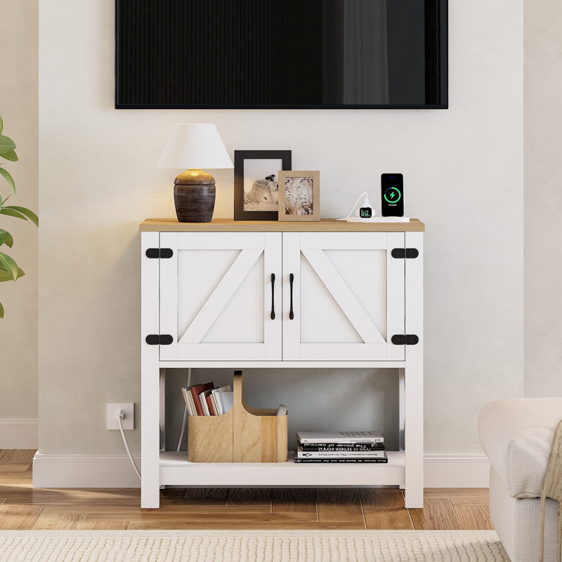 Farmhouse Console Table with Power Outlet, Entryway  Table with Storage Cabinet & Shelf,  Coffee Bar for Hallway, Kitchen, Living Room, White