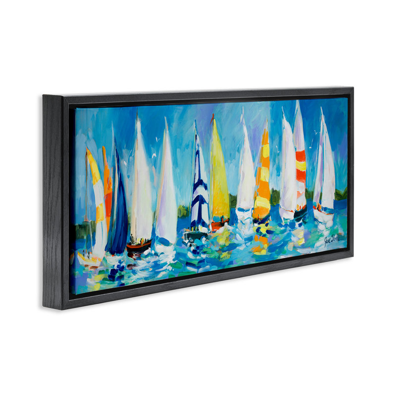 Regatta, voilier, flotte, encadré noir, art mural sur toile par Jane Slivka, Cadre flottant noir de jais, H 14 po x l 31 po
