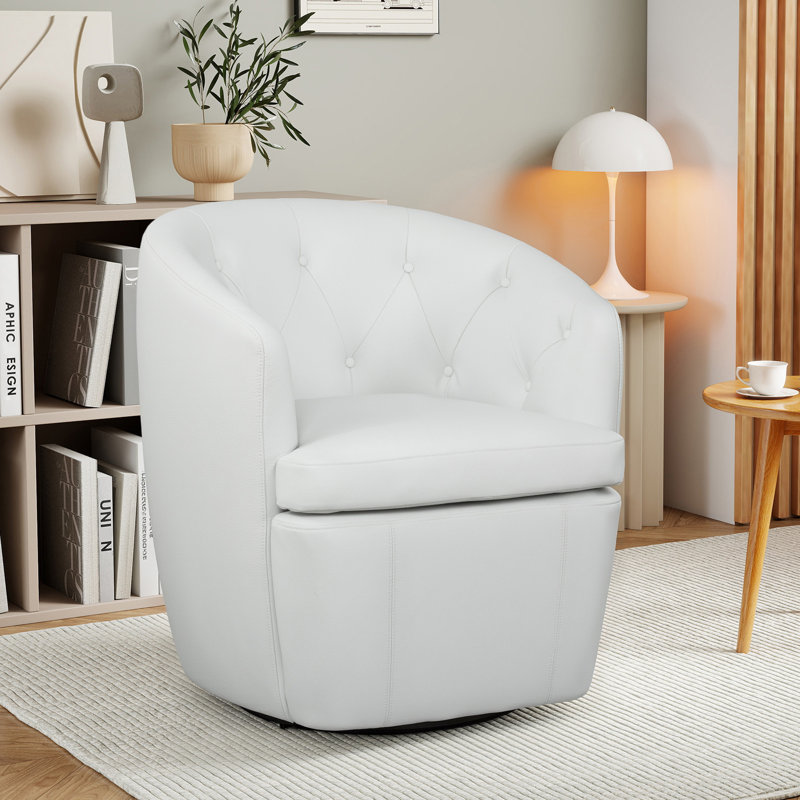 Classic Tuffted Vegan Faux Leather Swivel Barrel Chair No Assembly Required, White