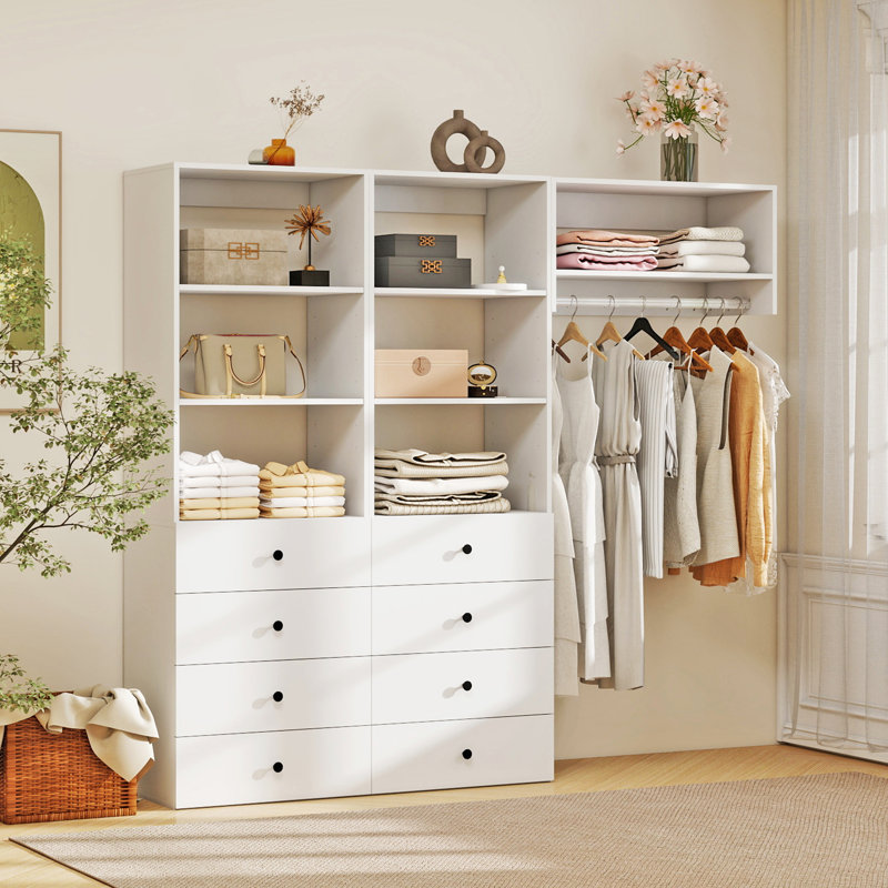 Système d'organisation modulaire blanc avec rangement à 7 tablettes et 8 tiroirs