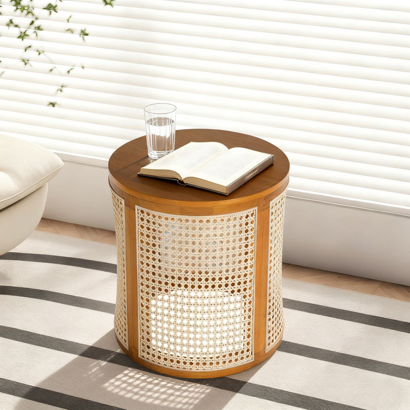 Table de chevet ronde avec rangement Boho, Ocre
