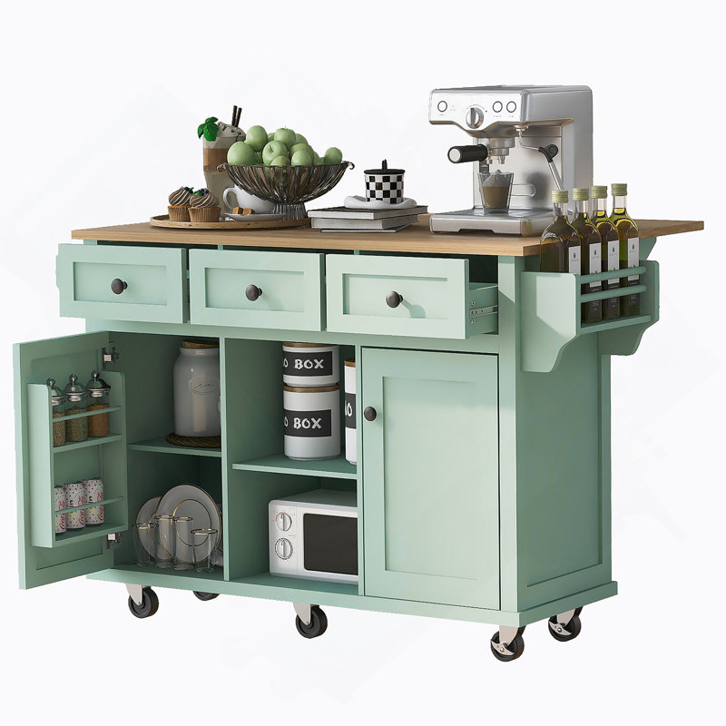 Chariot de cuisine avec comptoir à abattants en bois d'hévéa, 5 roulettes avec armoire de rangement et 3 tiroirs