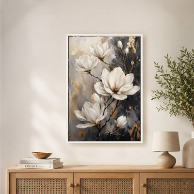 White Magnolia Blossoms Branches Canvas Wall Art with Floating Frame, Ready to Hang