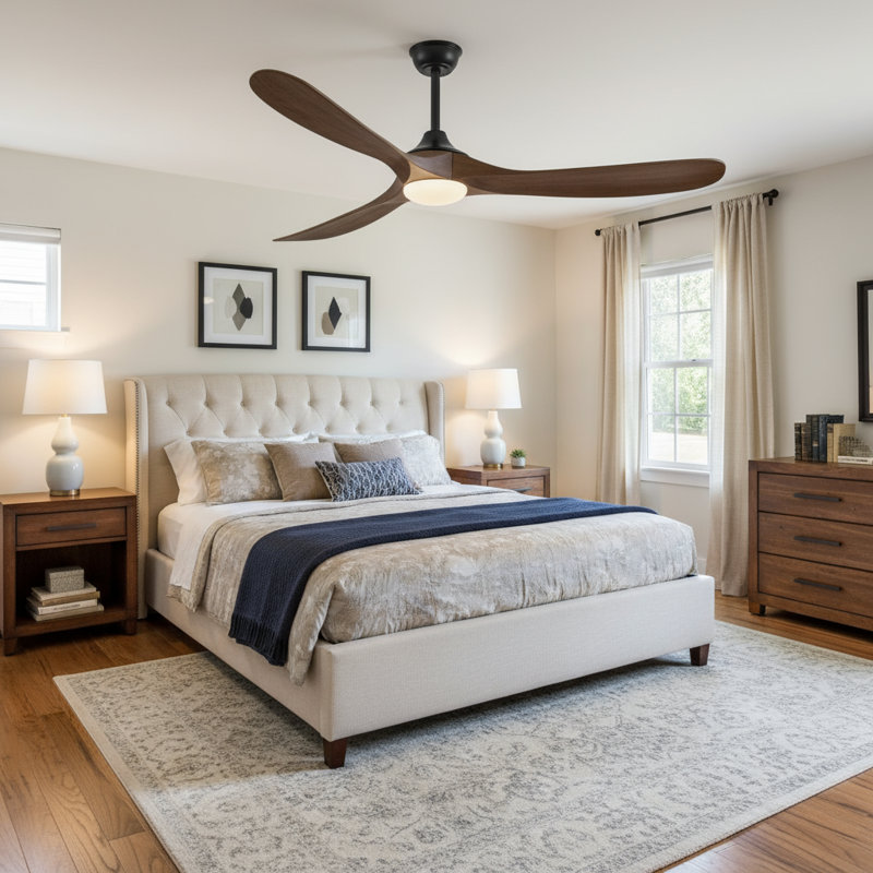 Wrought Studio™ 52'' 3-Blade Ceiling Fan – Light & Remote, High CFM Quiet DC Motor, Solid Wood Walnut Propeller Ceiling Fans, Indoor/Outdoor/Patio (Coastal/Farmhouse)