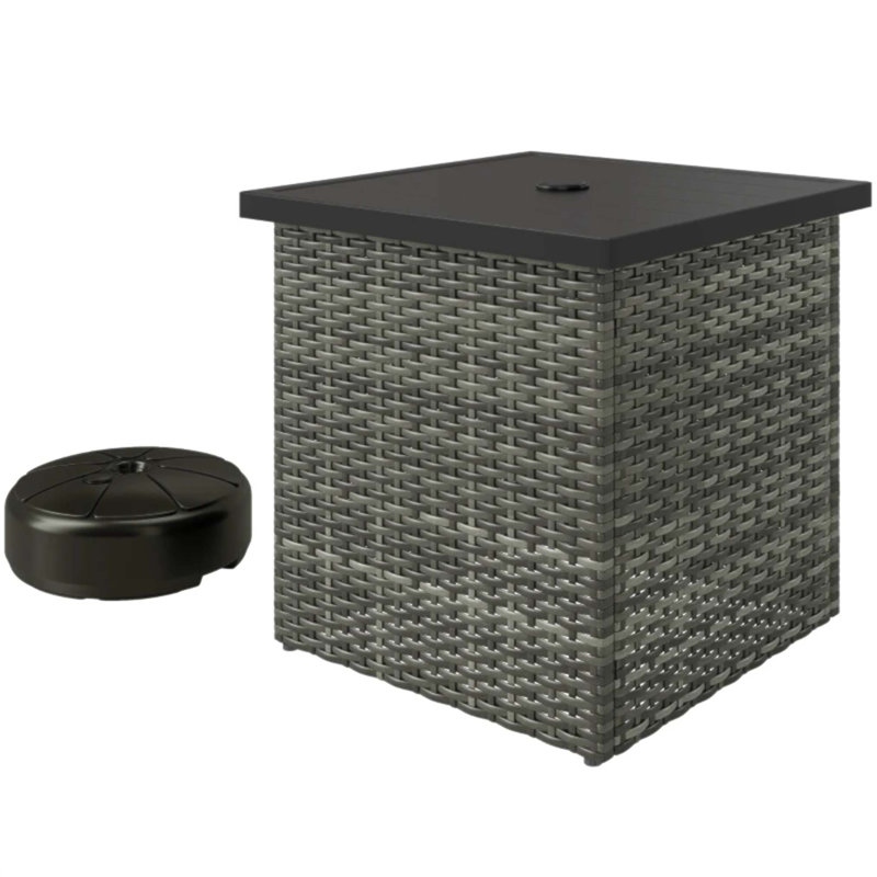Square Outdoor End Table With Umbrella Hole, Durable Wicker Side Table For Patio And Garden Use, Gray