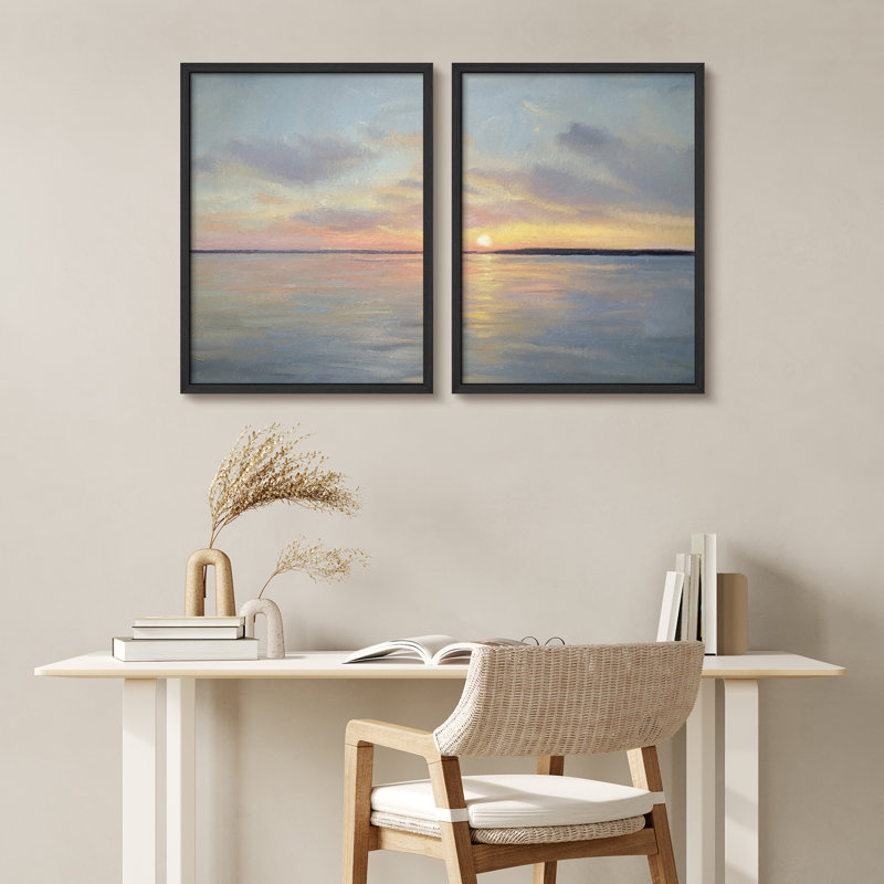 Ensemble 2 pièces d'art mural Sunrise Over Water, H 14 po x l 11 po, Noir
