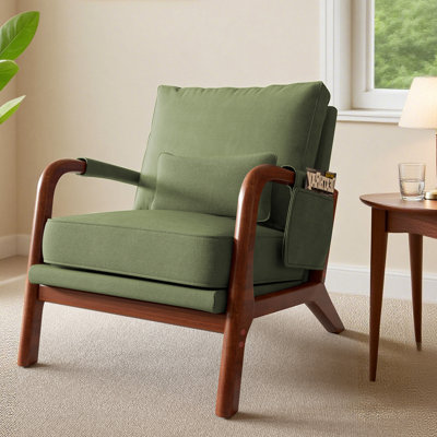 Mid Century Solid Wood Accent Chair Upholstered Armchair with Pillow and  storage Bag
