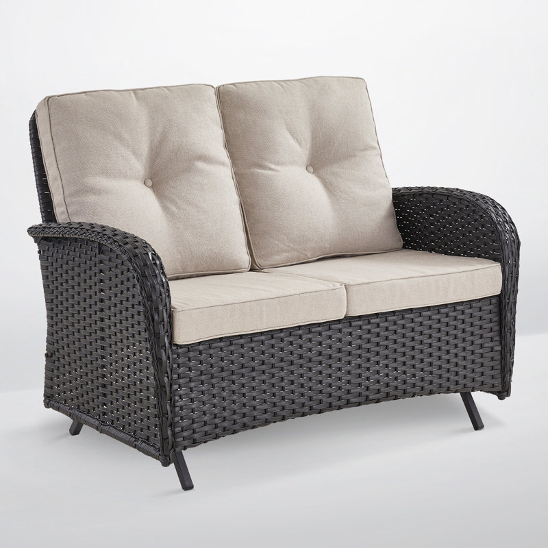 Gaetanino 49.5" Wide PE Wicker Outdoor Patio Glider Loveseat with Cushions, Beige, Black