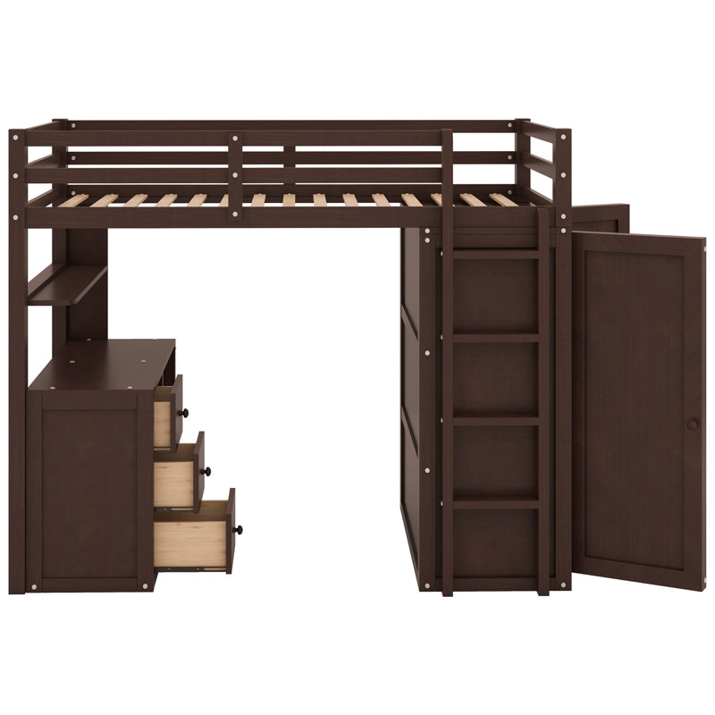 Lit mezzanine avec tiroirs, bureau et garde-robe, Espresso