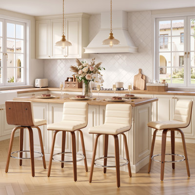 Tabouret de bar et de comptoir pivotant rembourré avec structure en bois massif et dossier en similicuir en forme de L