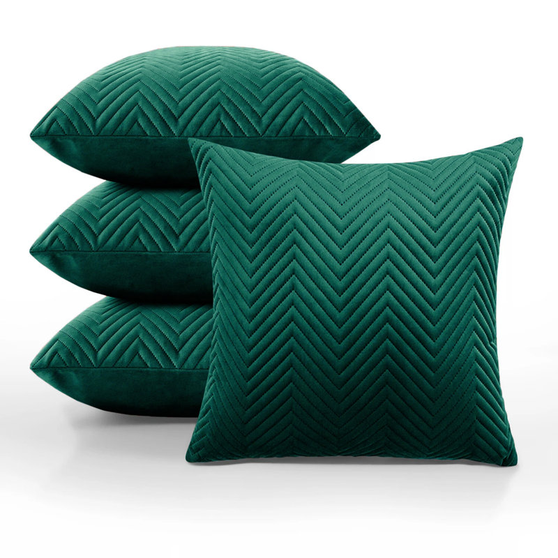 Luxury Chevron Embossed Quilted Pattern Velvet Cushion Cover Set (4-Pack) - Soft Throw Cushion Cover for Home Décor, Emerald