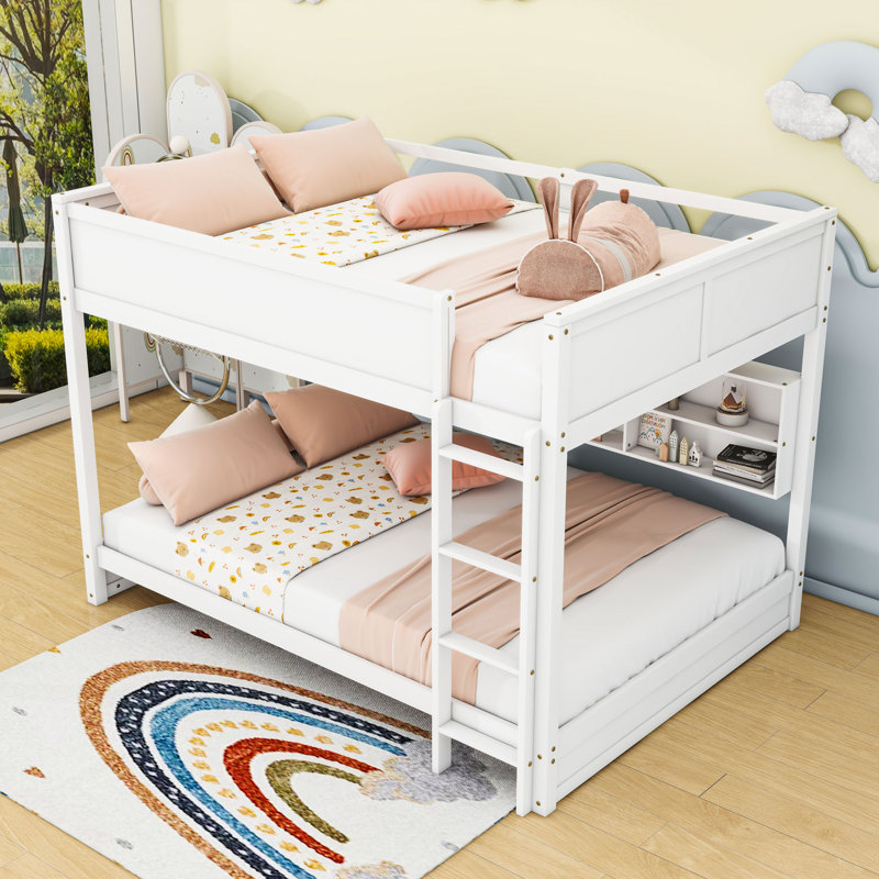 Queen Over Queen Wooden Bunk Bed With Ladder And Storage Shelves, White