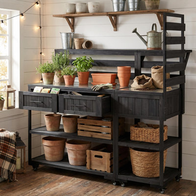 62.3" Modular Rolling Potting Bench with Drawers, Solid Wood Garden Work Table with Stainless Steel Top & Raised Shelf