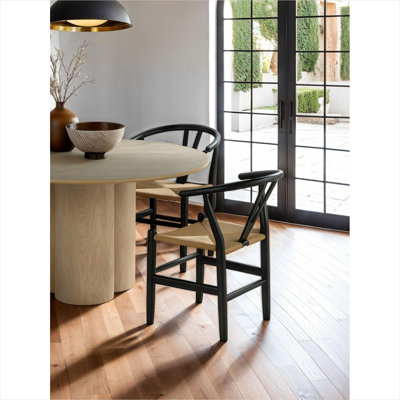 Ensemble de 2 chaises d'appoint aux tons noirs pour salle à manger, siège en bois d'hévéa massif de style Mid-Century avec corde tissée, largeur de 22 pouces