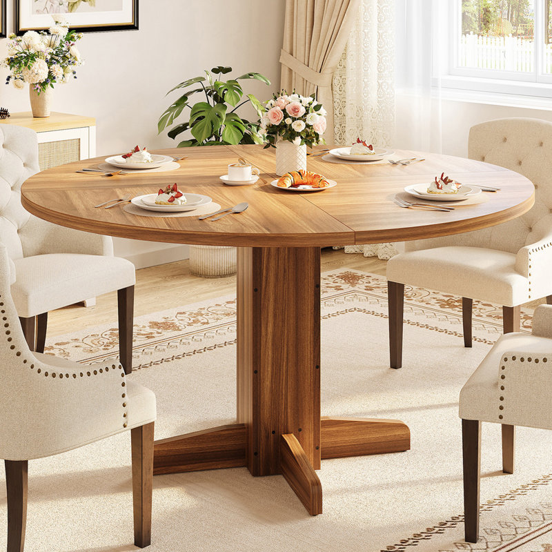 Table de salle à manger ronde pour 4 à 6 personnes, table de cuisine en bois de 47 po avec base piédestal robuste, tables de salle à manger de ferme pour la salle à manger, la cuisine, le salon, brun