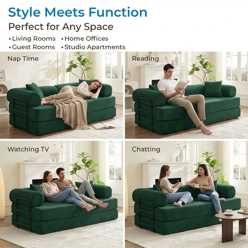 Convertible Corduroy Floor Sofa Bed with Detachable Armrests & Pillows, Green