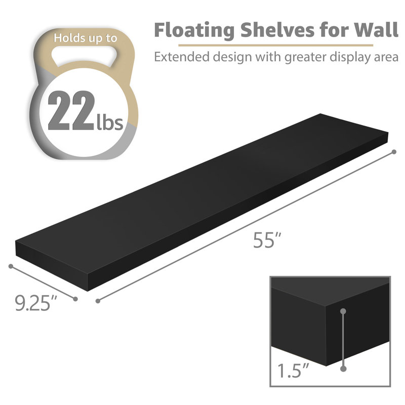 Sorbus Floating Shelves for Wall - 55 Inch Extra-Long Bathroom Shelves, Wall Decor for Bedroom, Kitchen, Living Room, Book Storage - Mounted Floating Shelf with Hidden Brackets (Black, 2 Pack)