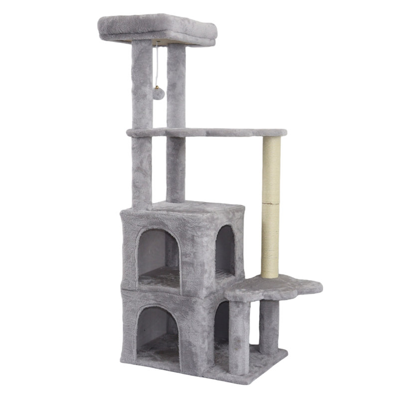 Arbre à chat autoportant à plusieurs niveaux de 136 cm (53,5 pouces) de couleur gris pâle avec deux niches, des poteaux à griffer en sisal naturel et une plateforme en forme de nuage pour chats et chatons d'intérieur.