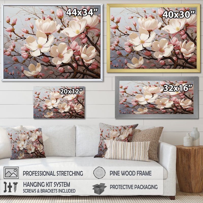 Blanc, rose, magnolia Magnolia Symphony I - art sur toile Magnolias, H 16 po x l 32 po x P 1 po, Cadre doré à une seule photo