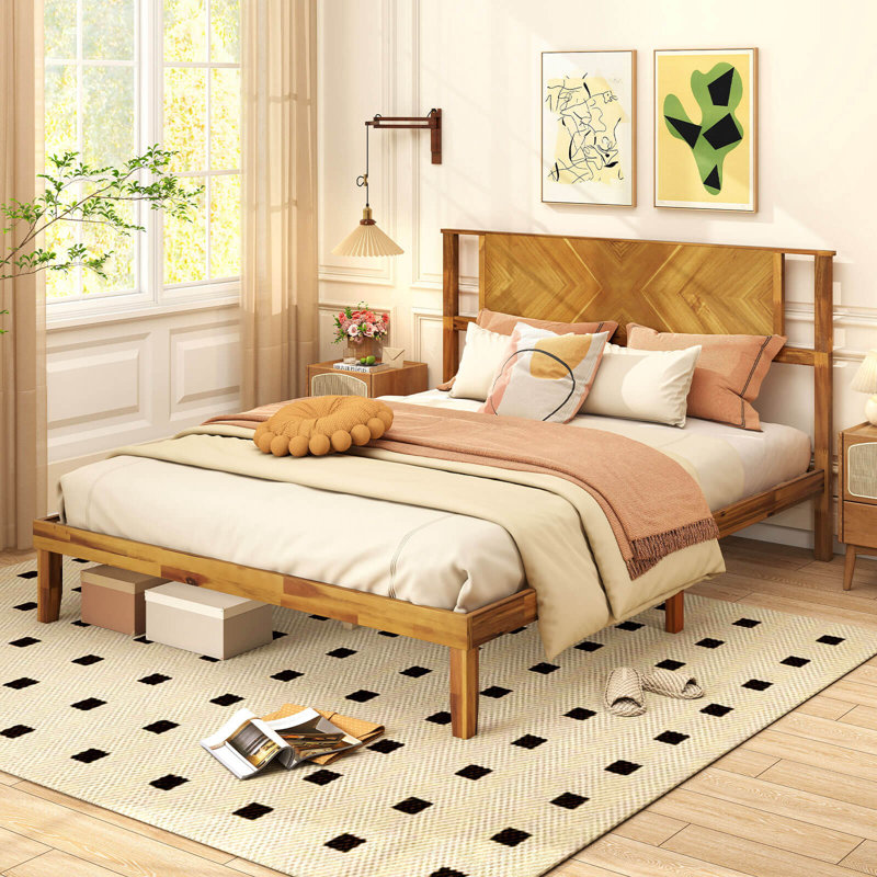 Queen Size Bed Frame with Headboard Under-Bed Space No Box Spring Needed, Queen