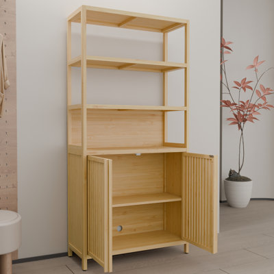 Étagère de rangement à deux portes de 64 pouces de hauteur à deux portes avec tiroirs et 2 tablettes ouvertes pour le rangement multi-scène, serviettes de bain de grande capacité de couleur naturelle, avec tablettes intérieures