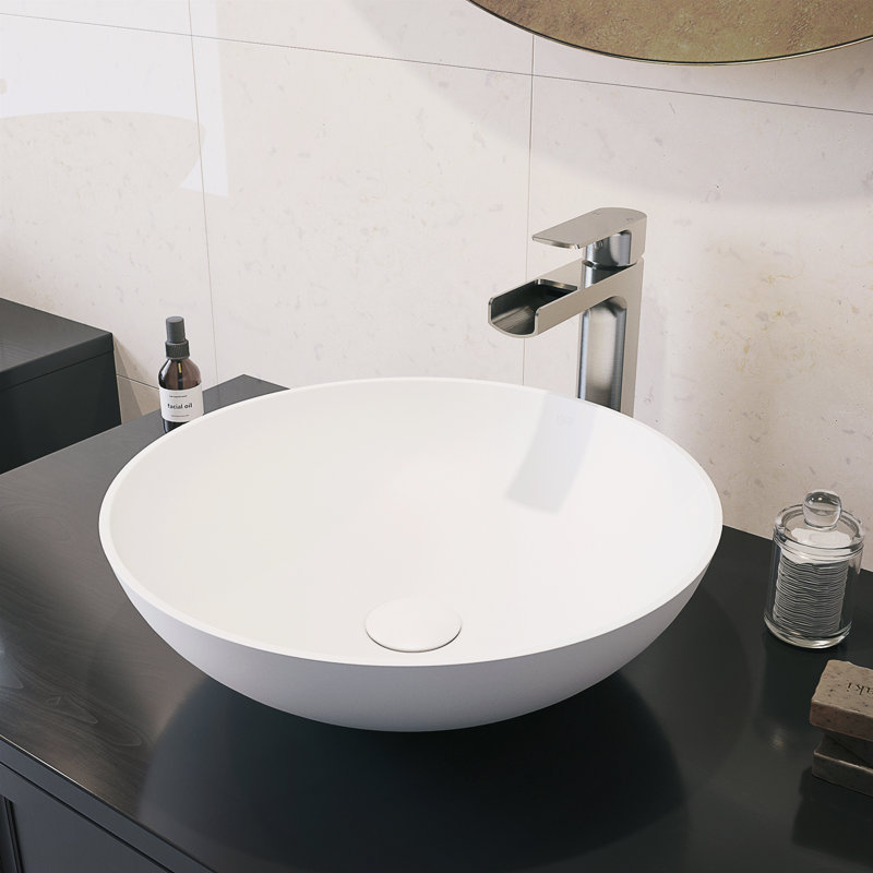 Lavabo de salle de bain vasque en pierre blanche matte avec robinet H 10 po L 16 po x l 16 po x H Lotus, Nickel brossé