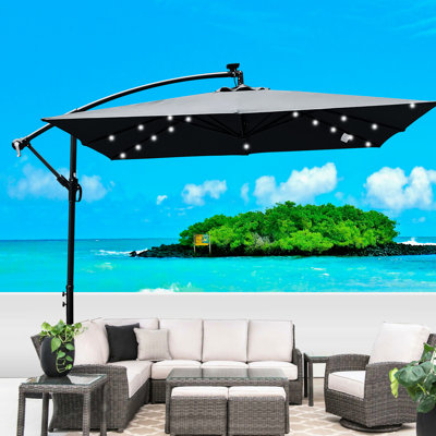 Parasol carré pour terrasse 2,5X2,5M avec lumières solaires - Protégé, 8 baleines, manivelle, base transversale pour grande terrasse, mécanisme à manivelle, piscine