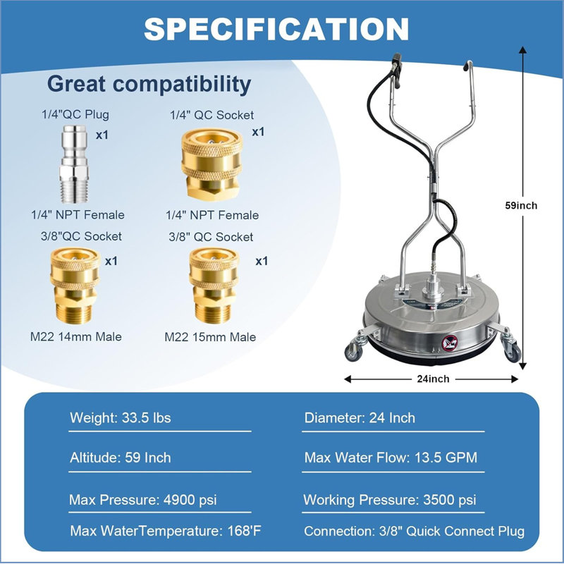24" Pressure Washer Surface Cleaner with 4 Wheels - Stainless Steel Dual Handle Surface Cleaner 4900 Max PSI, 3/8" Connector & 1/4" Adapter Power Washer Floor Attachment,for Floor Driveway, Patio