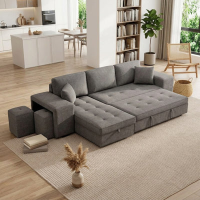 Canapé-lit modulaire réversible en L 58,5 po avec méridienne et rangement et 2 tabourets en lin