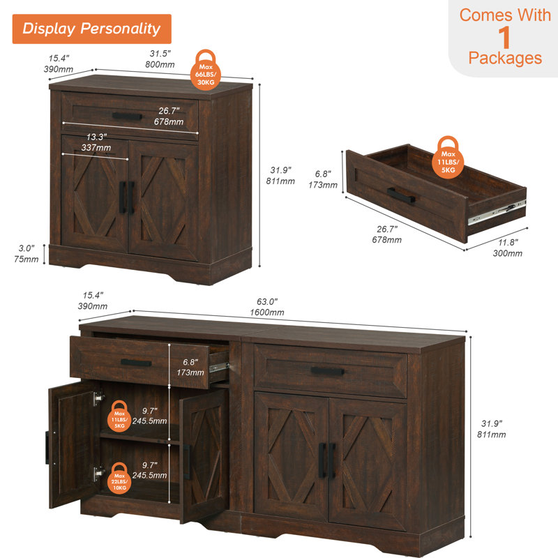 Grande armoire de rangement de style campagnard moderne de 63 po avec portes de grange et finition en écorce d'arbre résistante aux rayures Laziza