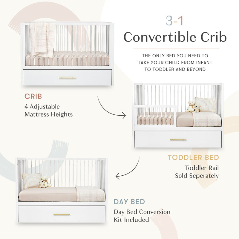HushCrib 3-in-1 Convertible Crib with Trundle, Toddler Bed, Daybed, White